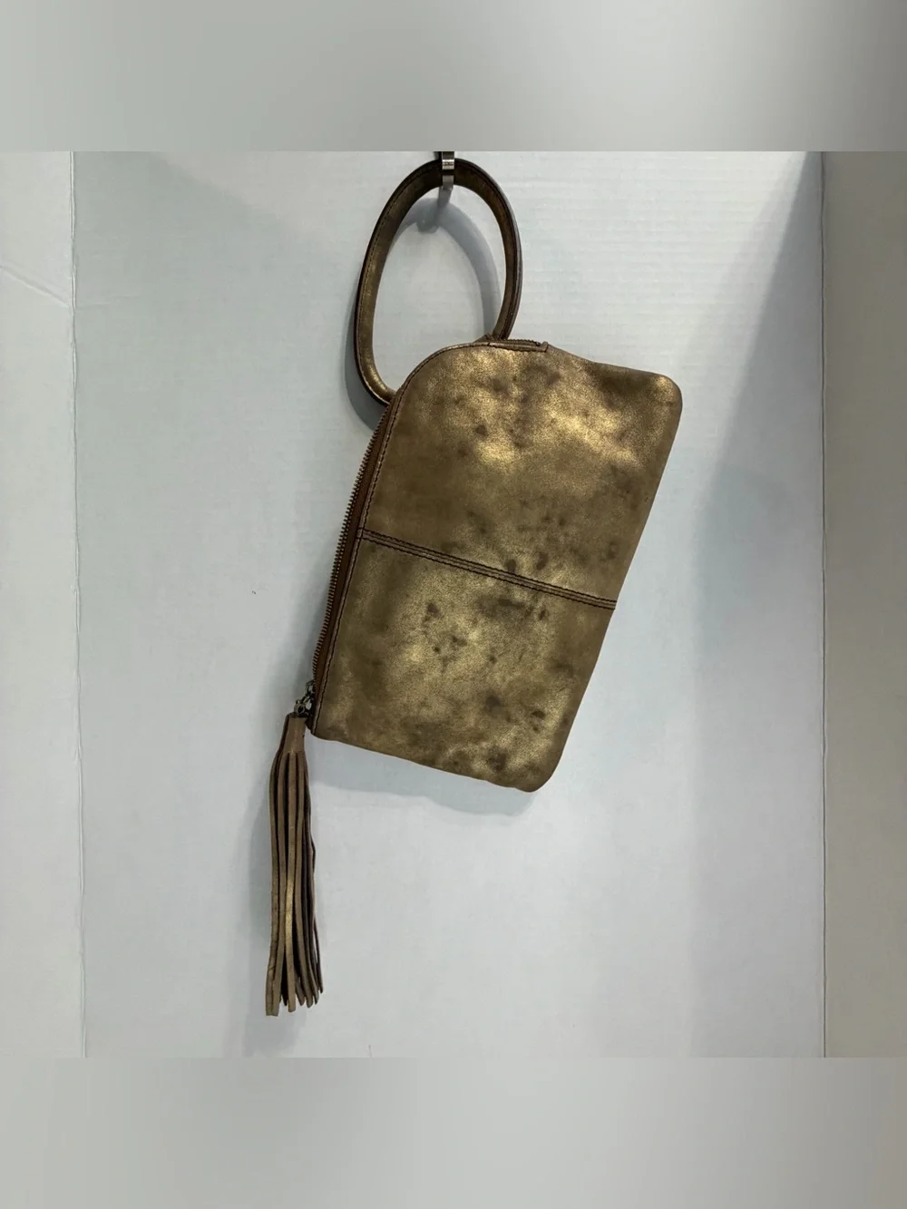 HOBO Metallic Bronze Studded Wristlet Tote with Tassel